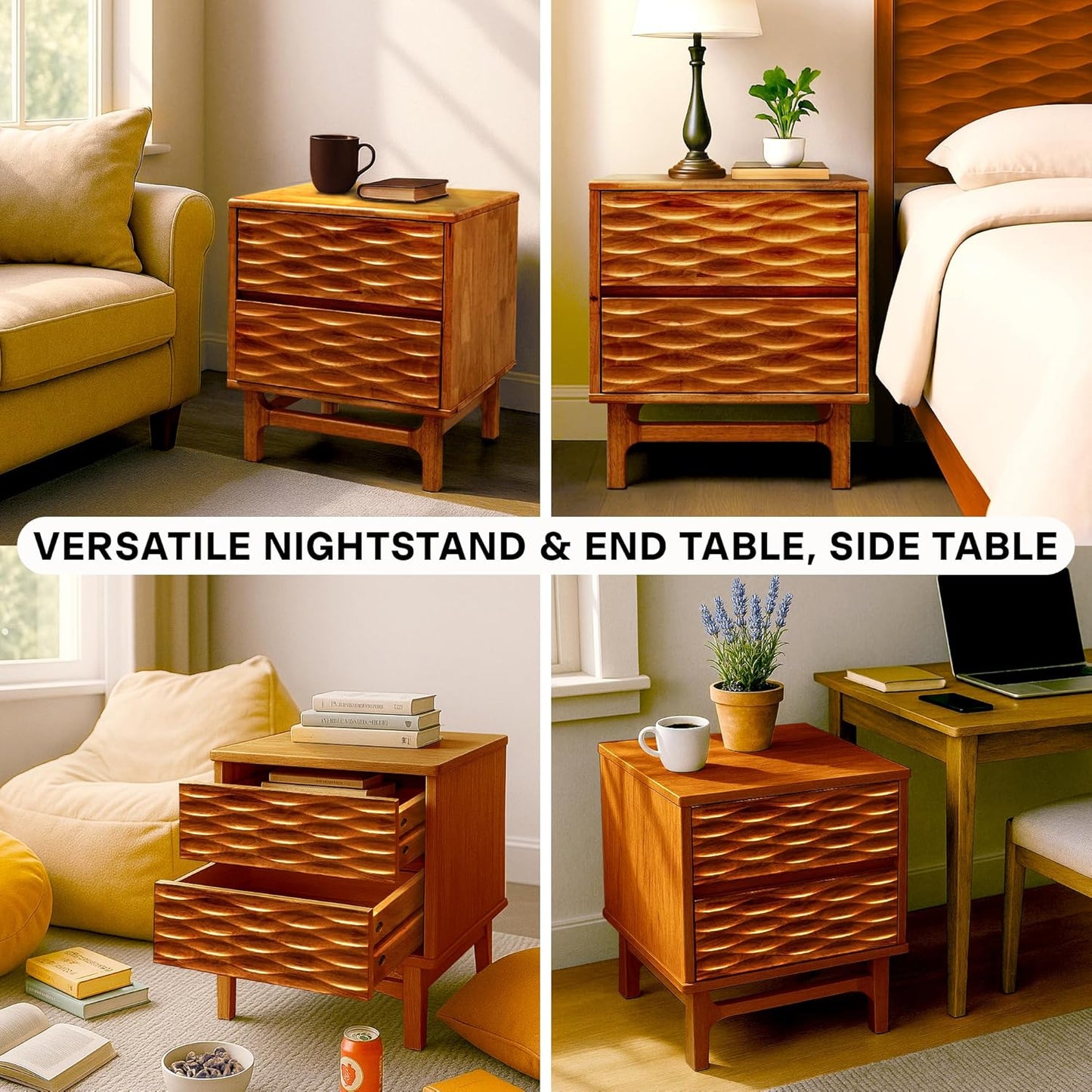 Acacia Elara Solid Nightstand with 2 Drawers