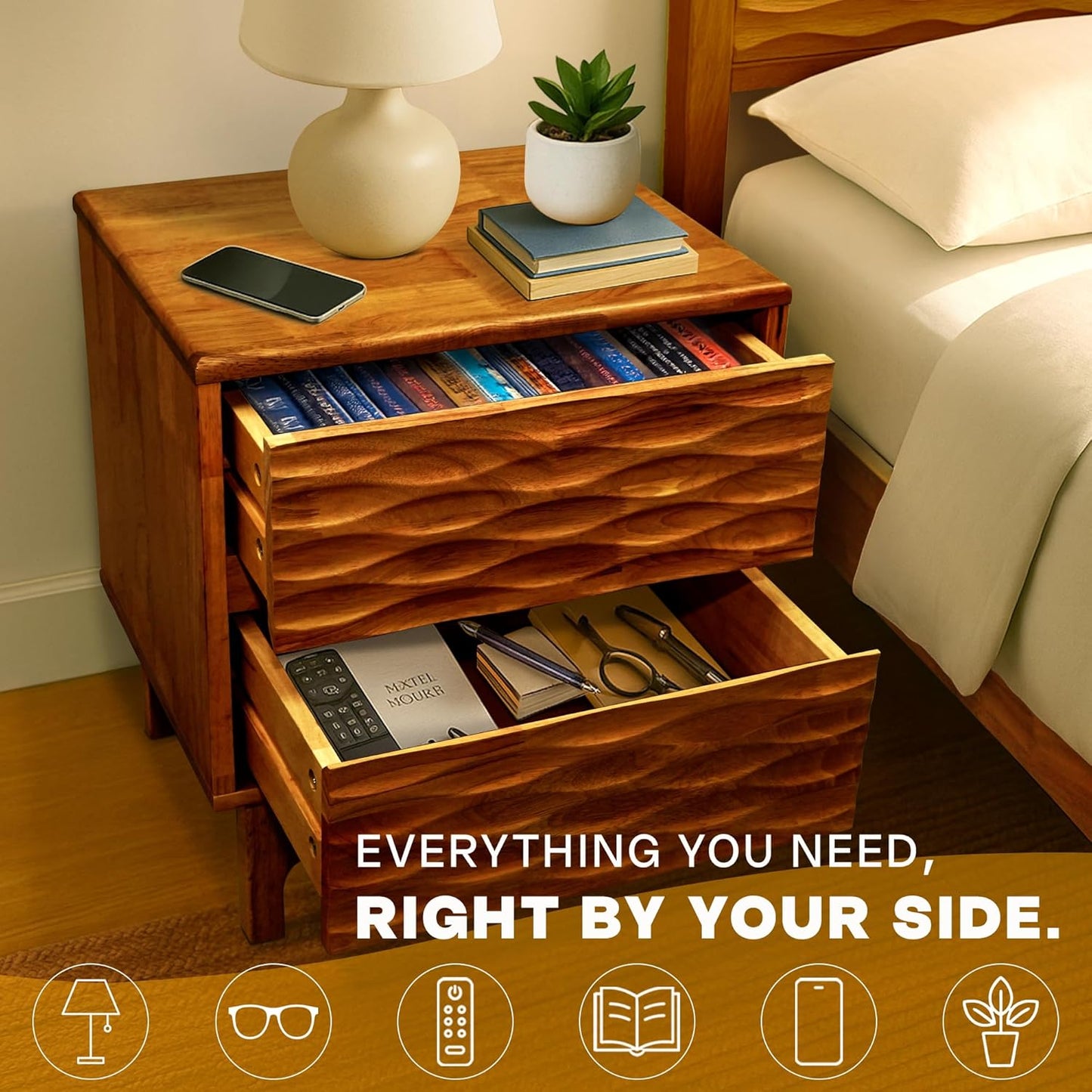 Acacia Elara Solid Nightstand with 2 Drawers