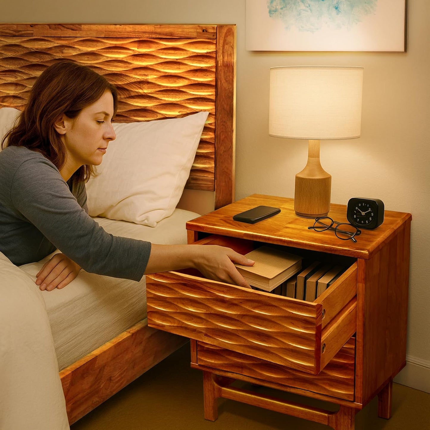 Acacia Elara Solid Nightstand with 2 Drawers