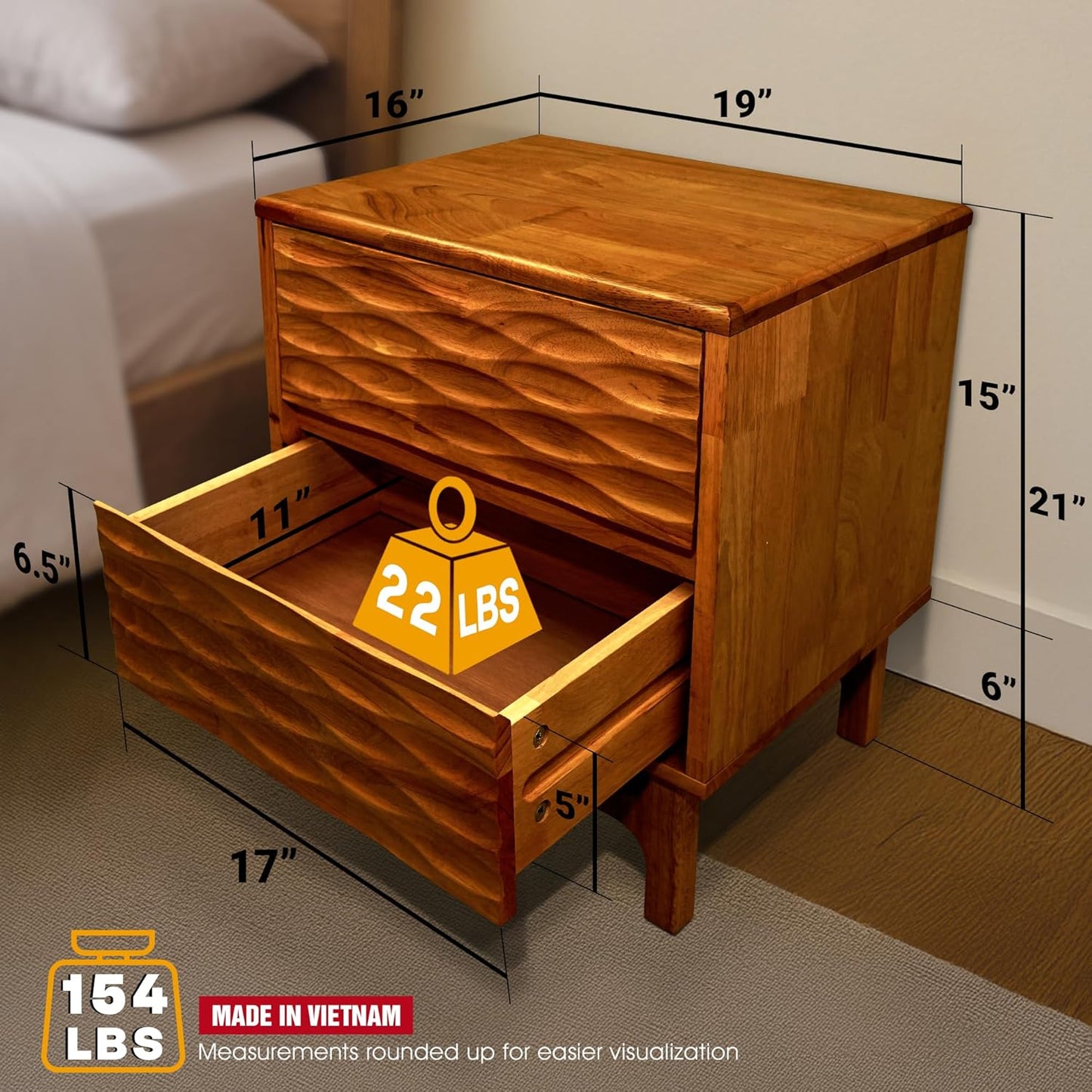 Acacia Elara Solid Nightstand with 2 Drawers